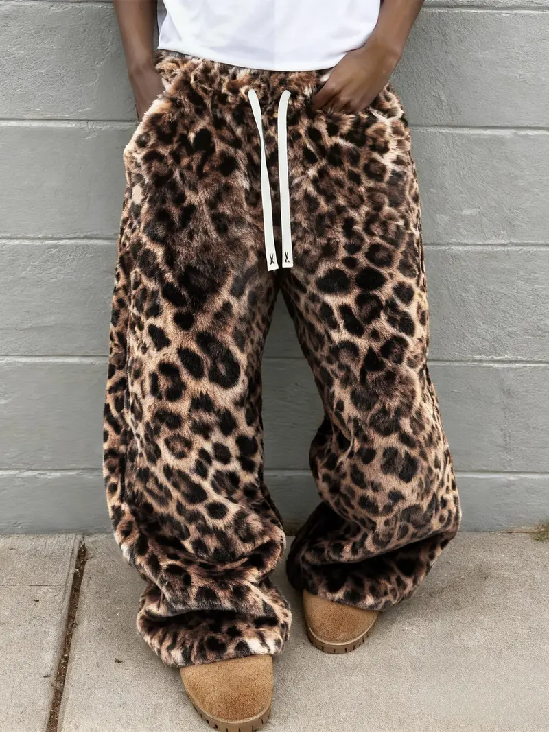 Unisex Leopard Print Fleece Pants, Soft Rabbit Fur Fabric, Fall Winter Warm Comfort, Street Hip Hop Style, Daily & Outdoor Wear