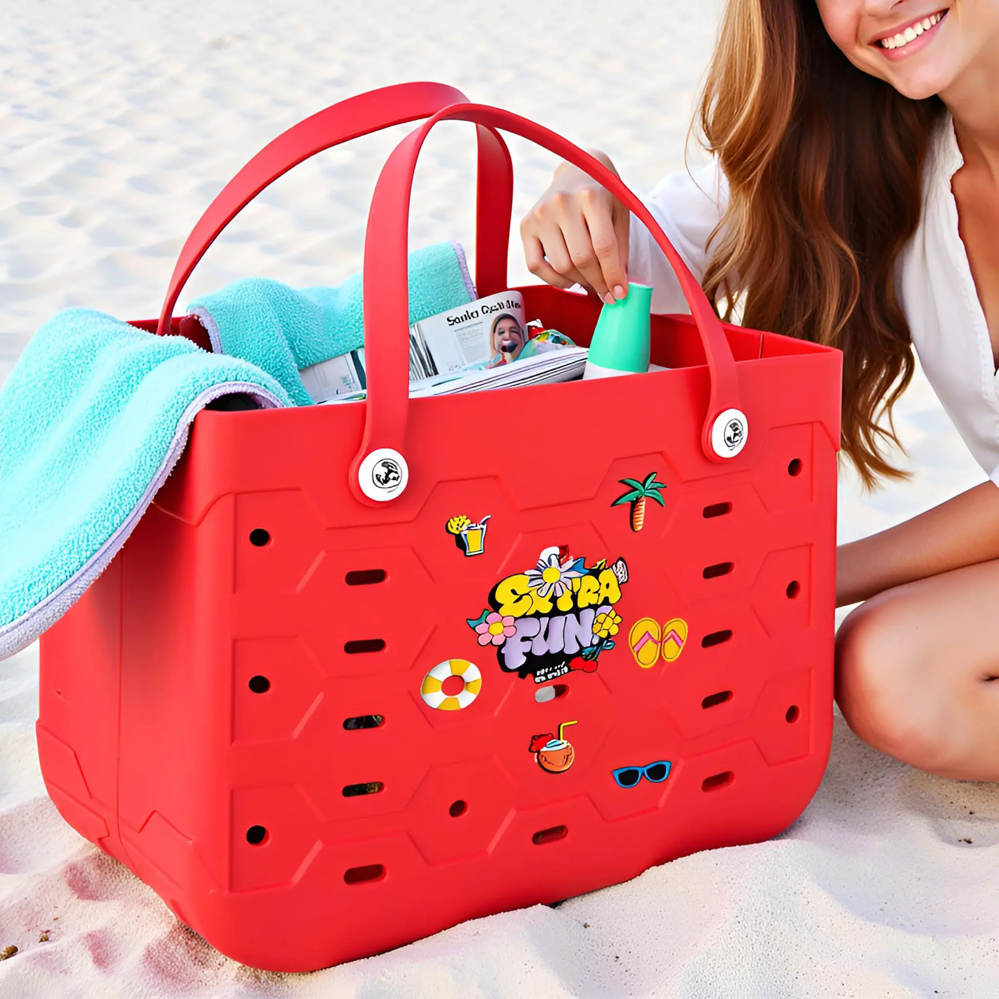 Trend Women's EVA Tote Bag - 3 Sizes (Large/Medium/Small), Lightweight Waterproof Beach Shoulder Bag with Decorative Accessories for Daily Use, Vacation