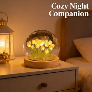 Yellow Tulips Lamp Gifts for Women Tulips Artificial Flowers Night Light, Light Up Pink Tulip in Glass Dome for Bedroom Unique Birthday Mother’s Day Gifts for Women Mom Sister Friends