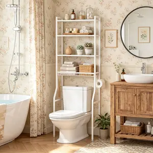 68IN Freestanding Bathroom Storage Rack – Iron & Wood Over-the-Toilet Organizer – Bathroom Shelf for Towels & Toiletries – Rustic Wood Design for Farmhouse Bathroom