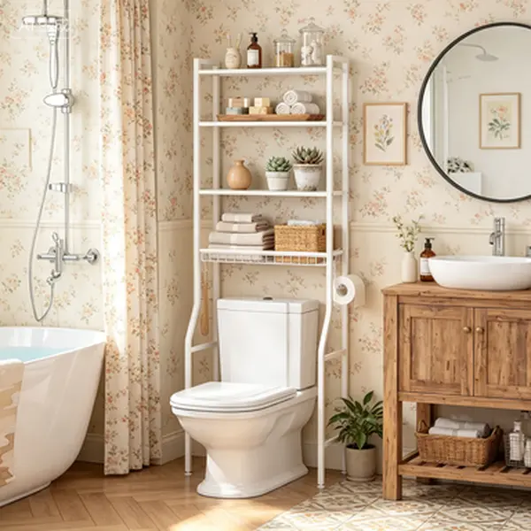 Sweetcrispy 68.5" Tall Freestanding Iron-Wood Over-the-Toilet Bathroom Storage Rack - 4-Tier Classic Small-Space Hero, 68.5in Height Frees Precious Floor, Warm Wood Top, Fits Tall Bottles/Towels/Toiletries, Bathroom Decor Rustic Organizer