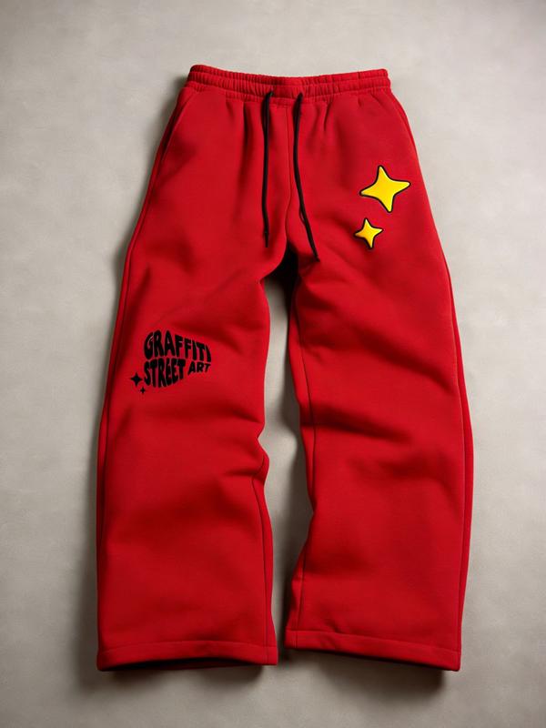 Men's Black "Graffiti Street Art" Star Graphic Wide-Leg Sweatpants - Trending #UrbanStreetStyle, Hot-Selling Fashion Bottoms for Daily/Cool Looks, Must-Have in Men's Apparel with Street Art Aesthetic & Relaxed Silhouette