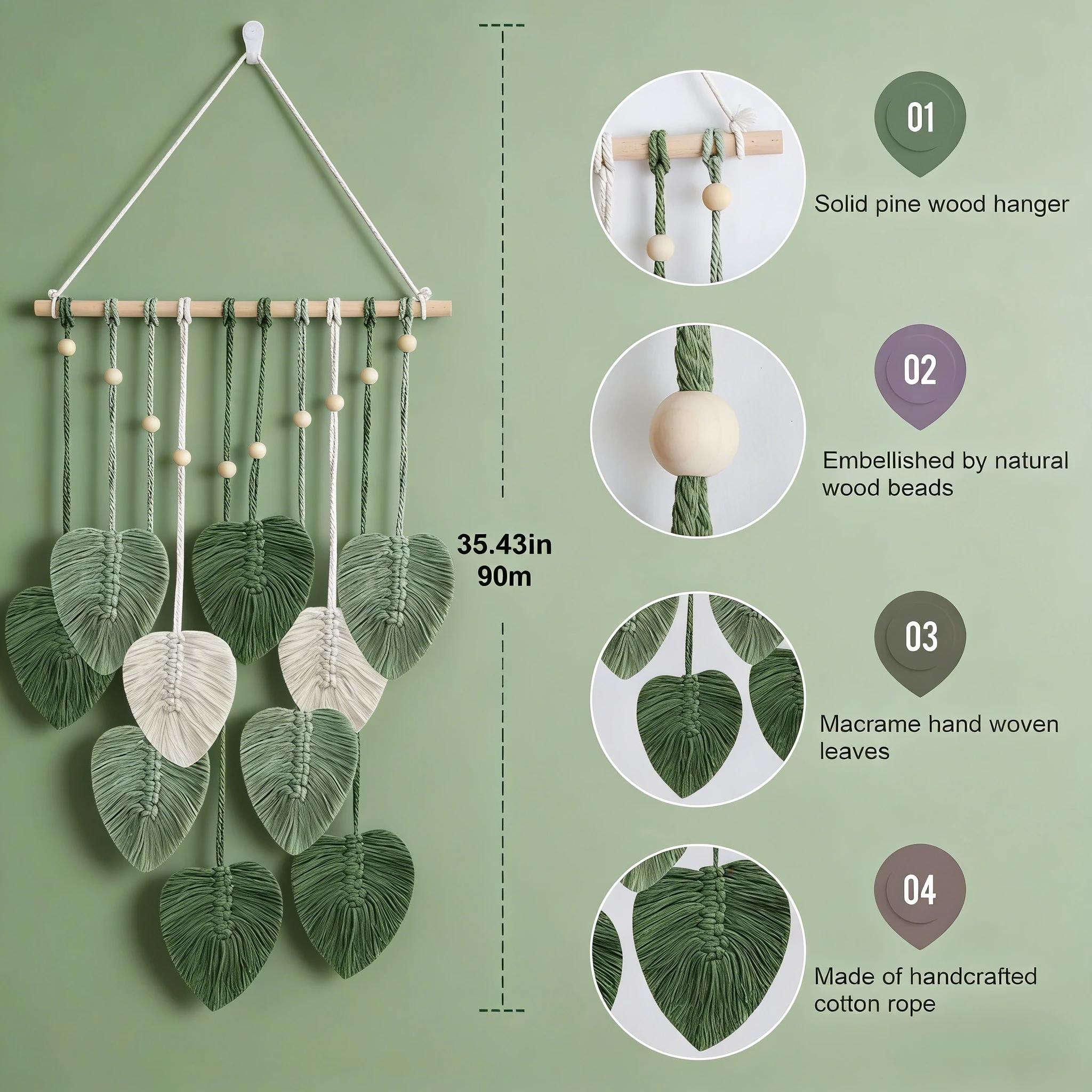 Macrame Woven Leaf Wall Hanging Boho Green Leaves Tapestry Handmade Art Chic Home Decor for Bedroom Living Room