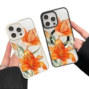 Orange Lily Print Magsafe Magnetic Case,  Anti-slip Shockproof & Supports Wireless Charging.Compatible with iPhone 11/12/13/14/15/16/17 Air/Pro/Pro Max/Plus and Samsung S22/S23/S24/S25 Ultra/FE+, stylish aesthetic daily protective cellphone cover.t