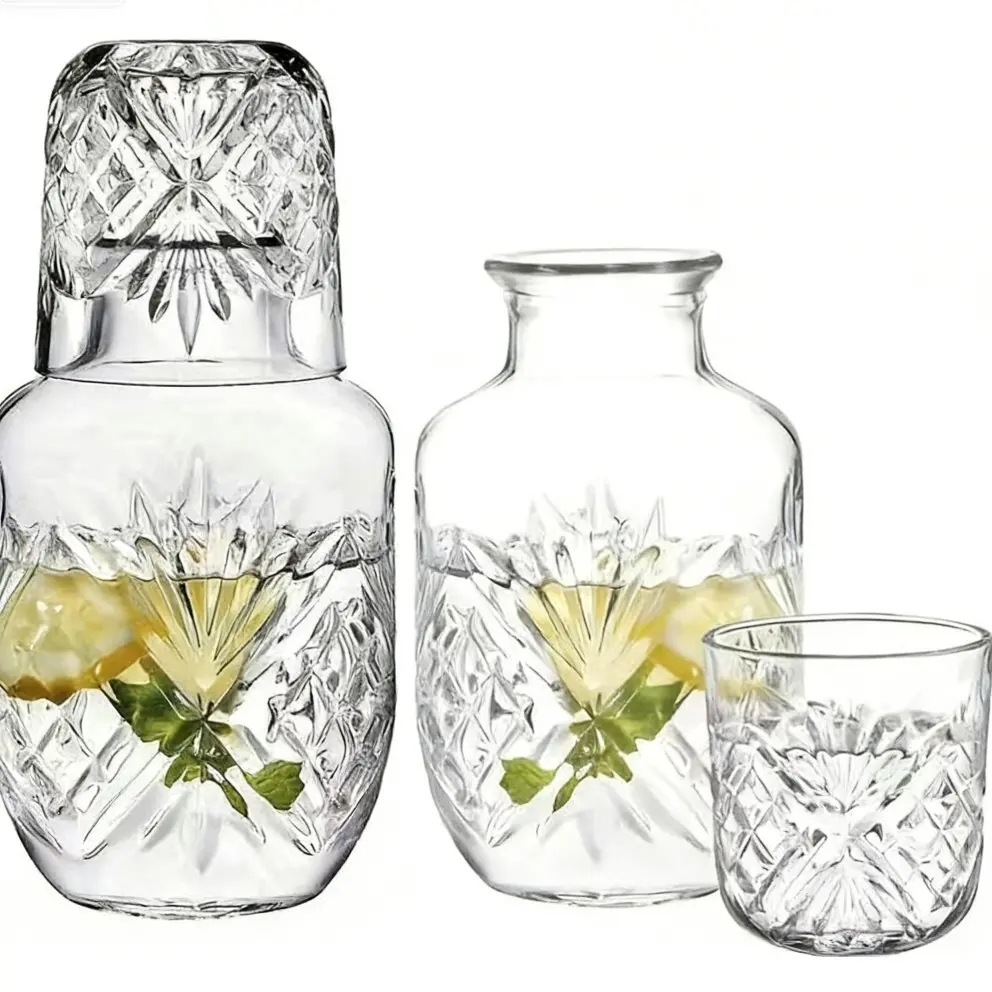 Vintage Embossed Transparent, Decorative Glass Bedside Carafe & Tumbler Set, Drinkware, Durable Glassware, Shatterproof Lead Free Food Grade Water Pitcher, Dustproof Inverted Cup, Dishwasher Safe for Bedroom Guest Room Home Decor Gift