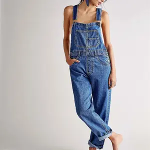 Fashion denim overalls for women, loose fit, classic bib, casual jeans, stretchy denim overall jumpsuit, tapered leg jean pants