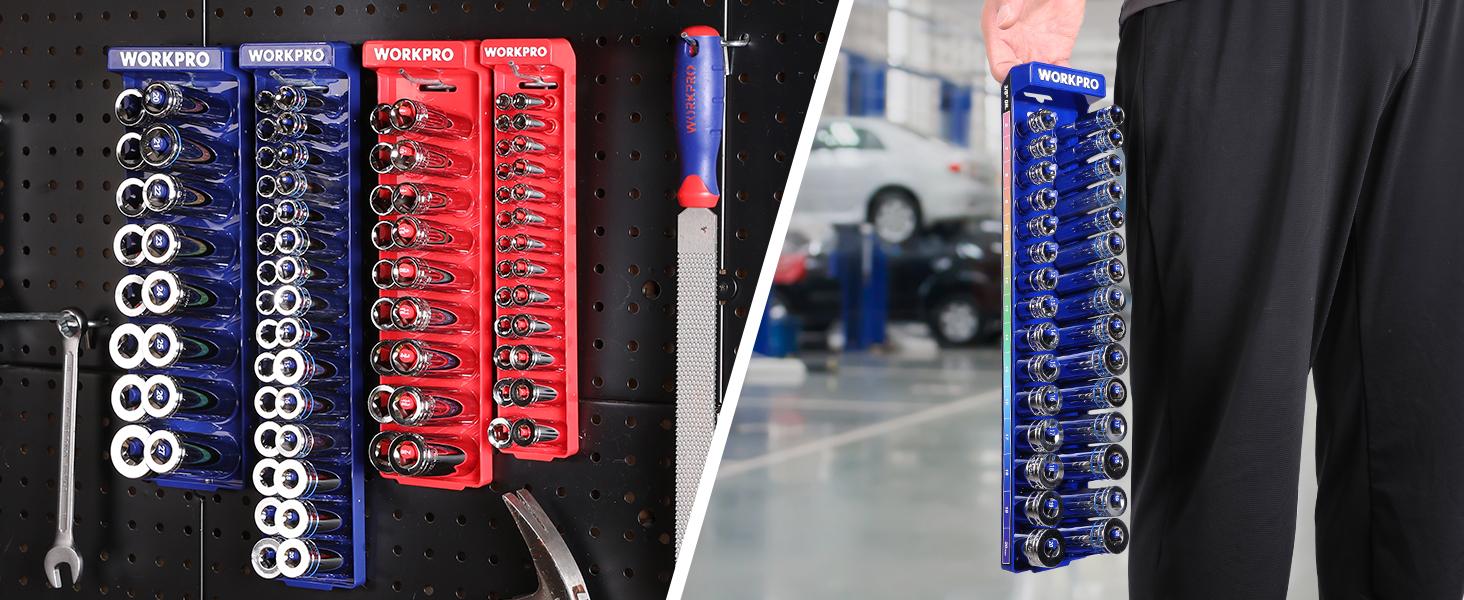 #BacktoSchool WORKPRO Socket Organizer Set, 1/4" 3/8" 1/2" Drive Socket Holder | Fits Impact Sockets, Metric & SAE Socket Trays, Holds Sockets, Large Capacity, Clear Size Identification