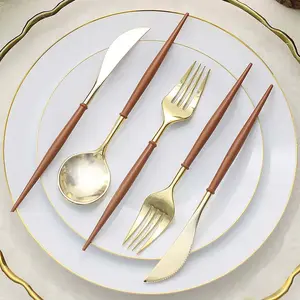 24-Pack Plastic Flatware Set 8" Metallic Gold with Brown Handle - Modern Heavy Duty Disposable Silverware
