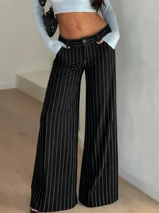 Women's Fashion Chic Commuter Striped Pocket Low-Waist Wide-Leg Long Pants Fabric, Spring & Fall Loose-Fitting Drop Waist Button Fly