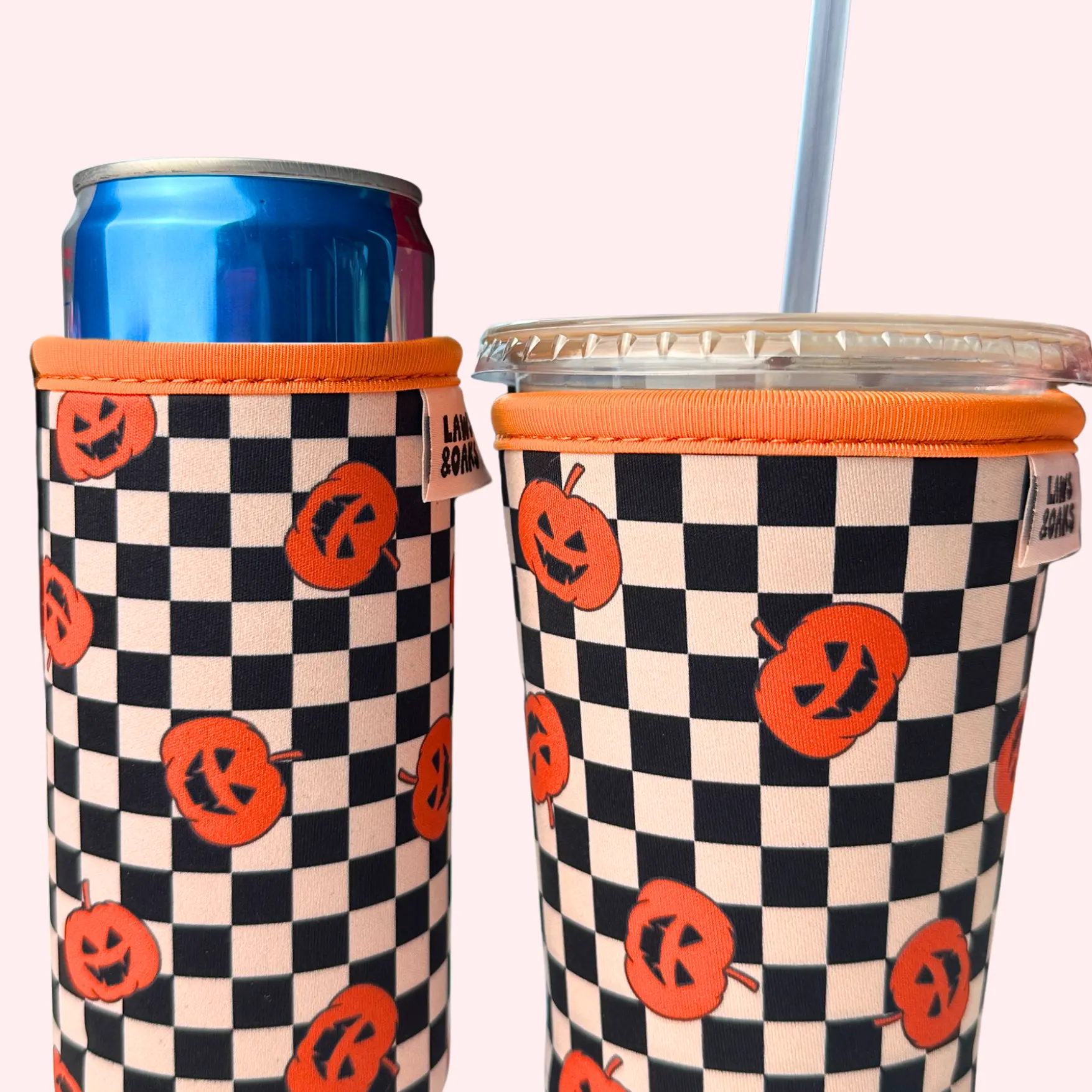 Pumpkin Checks Drink Sleeve: Reusable 16-32oz Coffee Sleeve, Slim 12oz Energy Drink Sleeve, Koozie