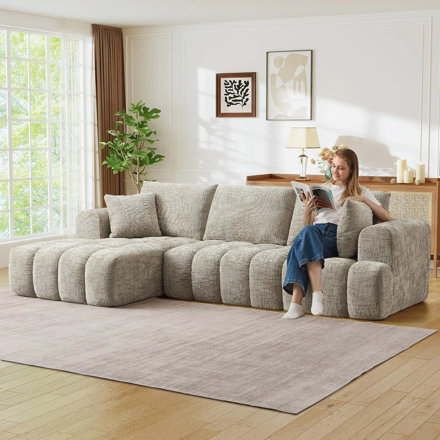 108" W Modular Sectionals Sofa,Cloud Boneless Couch with Chaise,Chenille Tufted Deep Seat L Shaped Couch,Modern Compression Foam Sofa for Living Room Bedroom,No Assembly Required(Left Facing,Khaki)