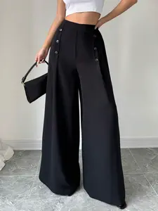 These are women's high-waisted wide-leg pants with button detailing. They feature a high-waisted design, combining a vintage and modern style, which flatters the legs and creates a casual yet stylish look. Casual Chic Bottoms