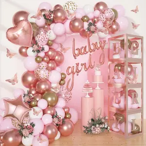 134-Piece Rose Gold Round Transparent Cartoon Balloon Garland Arch Tool Kit with Butterfly Stickers, Boxes, A-Z+Letters for Girl Shower & Women's Birthday Decorations, Photo-Ready Supplies