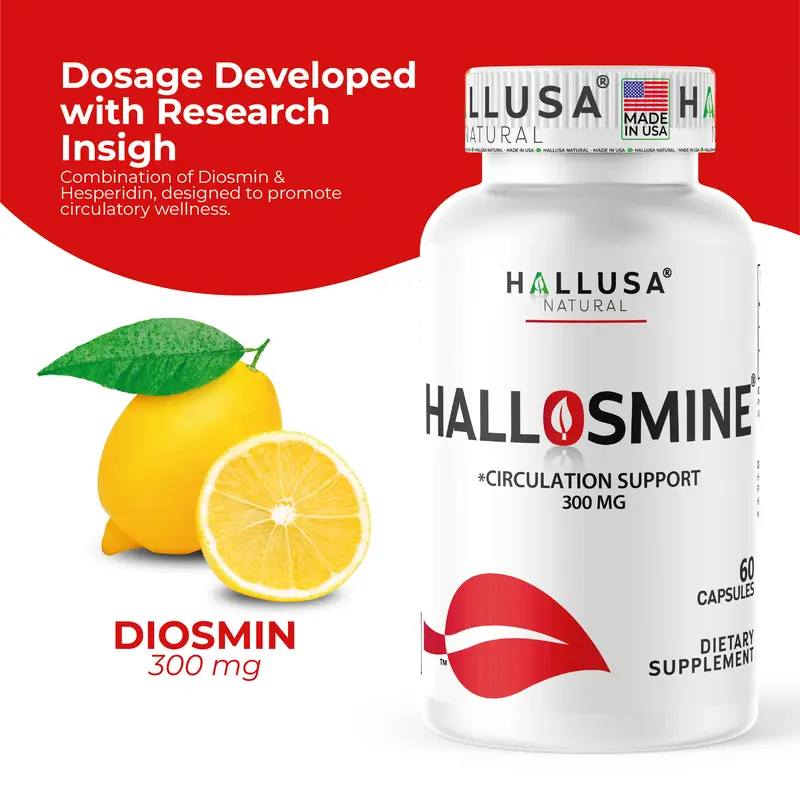 HALLUSA NATURAL HALLOSMINE 300 Mg Diosmin Circulation 60 Capsules Gluten-Free Organic GMO-Free Sugar-Free Supplement for Healthy Circulation & Veins Health Made in USA Dietary 5