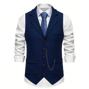 Men's Herringbone Tweed Single-Breasted Lapel Vest with Chain Detail - Stylish Brown Suit Vest for Business or Formal Occasions, Notched Lapel Design, Machine Washable -Menswear Collar Polyester Fabric Casual Long Sleeve Blue Wool Beige Sleeveless