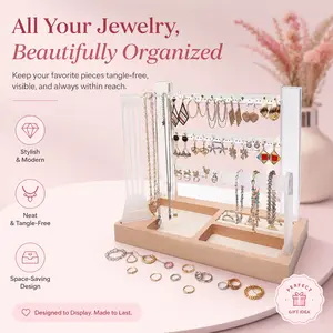 Clear Acrylic Jewelry Organizer Stand with Wood Base, 3-Tier Earring Necklace Bracelet Holder and Ring Tray