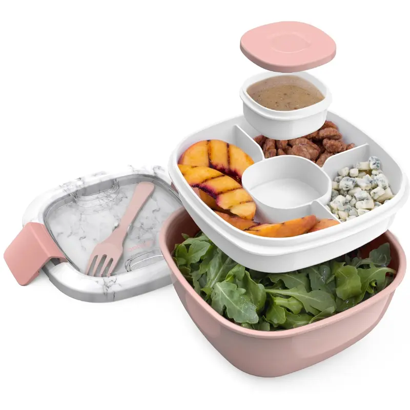 All-in-One Salad Container - Large Salad Bowl, Bento Box Tray, Leak-Proof Sauce Container, Airtight Lid, & Fork for Healthy Adult Lunches; BPA-Free & Dishwasher/Microwave Safe (Blush Marble)