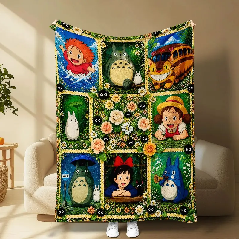 Ghibli Anime Throw Blanket, Totoro Ponyo Cat Bus Themed Soft Fluffy Flannel, Lightweight Cute Home Decor for Bedroom Sofa, Ideal Gift for Child Baby for Christmas