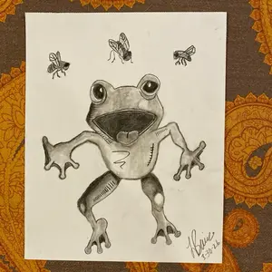 Hangry Charcoal 8 x 10 - Unique Artwork Featuring a Frog and Insects - Perfect for Home Decor and Art Lovers