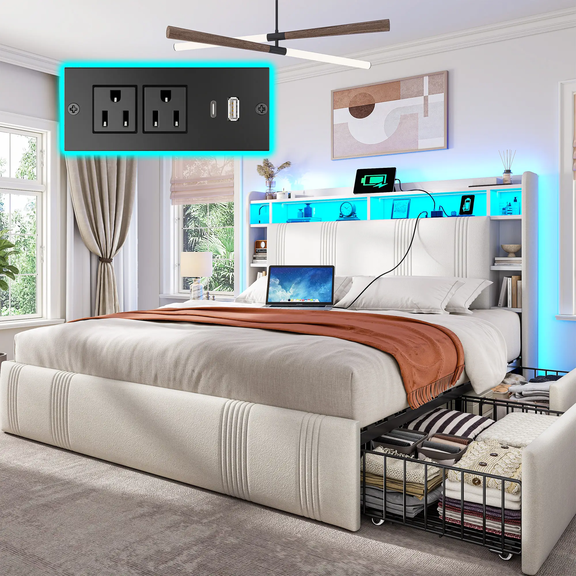 Raybee Furniture Bed Frame with 4 Storage Drawers Upholstered Bed Frame with LED & Charging Station, Full Queen & King Bed Frame with Headboard & Shel