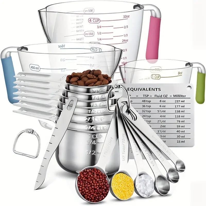 20count/set, Measuring Cups And Spoons Set, Stainless Steel Measuring Cups And Spoons Set, Including Stackable Measuring Cup And Measuring Spoons, 1 Leveler For Dry And Liquid Ingredients, Baking Tools, Kitchen Stuff