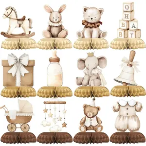 12 count Neutral  Shower Decorations -  Boho  Shower Centerpieces for Tables - Neutral Honeycomb Table Decor with  Essentials Teddy Bear Elephant for  Shower 1st Birthday