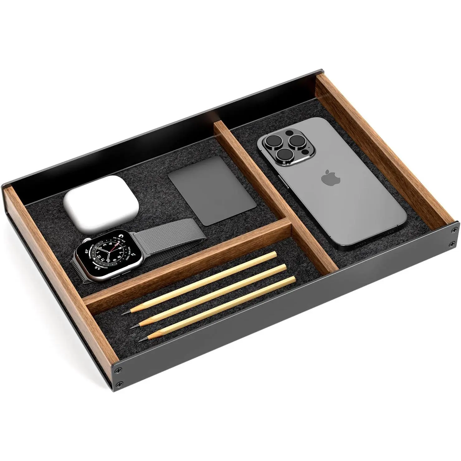 Walnut Desk Drawer Organizer Tray - Men's Valet, Work Organizer, Minimalist Modern Aesthetic Office Desk Accessory for Office Supplies, Father’s Day Corporate Gifting Option