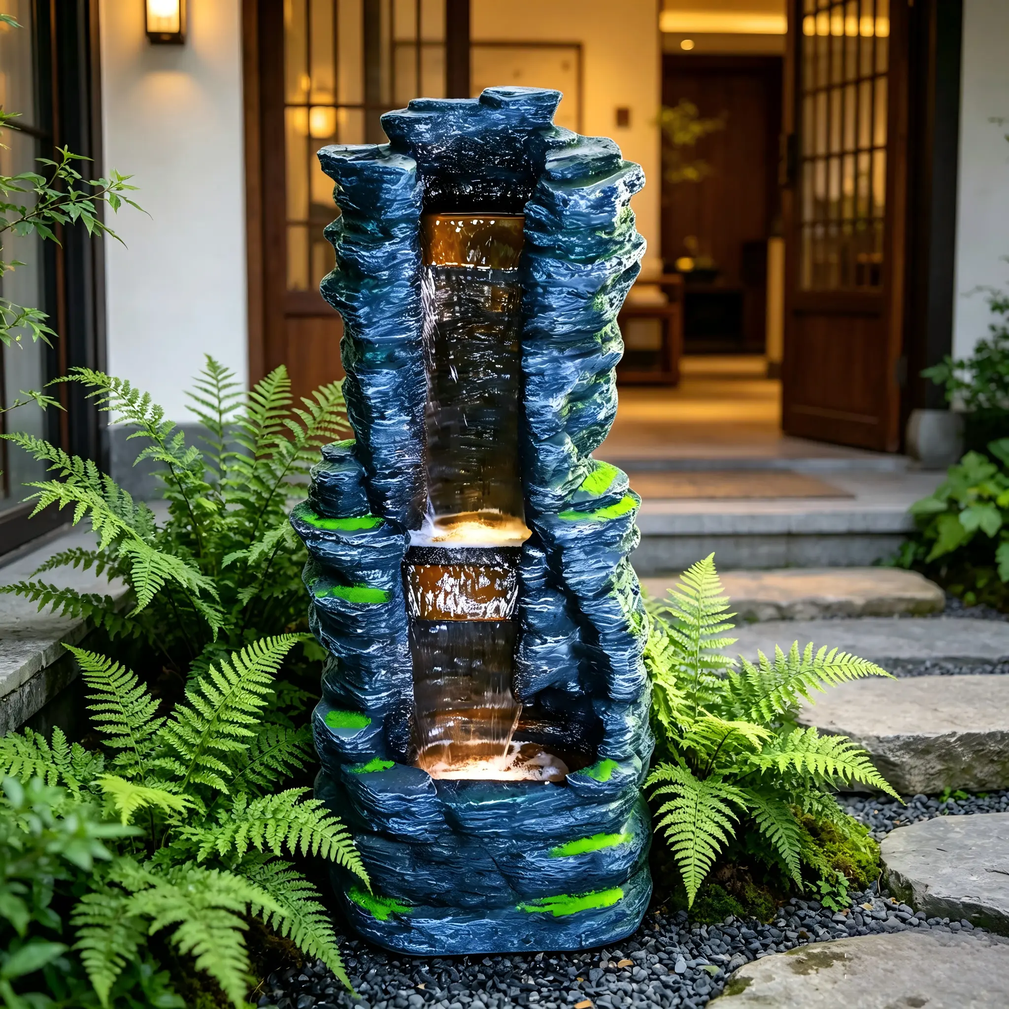 40-Inch Tall Natural Rock Texture LED Water Fountain (Fountains & Bird Baths Category) - Multi-Tier Cascading Waterfall, Weather-Resistant Resin, Low Maintenance, Hassle-Free Setup, Versatile Size, for Backyard, Entryway, Outdoor Garden Relaxation, Led Li
