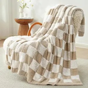 Checkered Throw Blanket Faux Fur Microfiber for Couch,Cozy Soft Warm Blanket for Sofa Bedroom Living Room,Beige Checker,50x60 inches