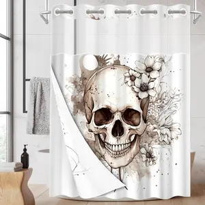 1pc hookless shower curtain with buckle lining, brown and white skull and floral ink wash design, 2D flat printing, waterproof fabric lining, see-through double-layer shower curtain, 71 x 74 inches, modern home draping curtain.