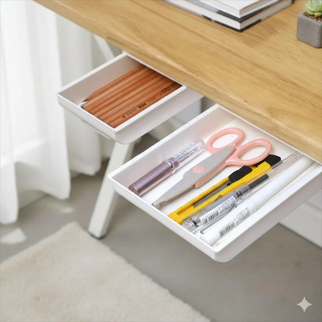 Under Desk Organizer, 3-Size Adhesive Storage Box, No Drill Drawer for Office & Home, Makeup & Stationery Trays, Removable Hidden Pen Holder, Multipurpose Desk Organizer for Workspace