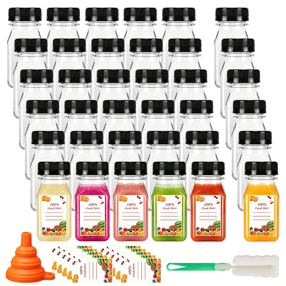 36pcs 4oz Small Plastic Juice Bottles with Caps, Empty Reusable Clear Bulk Beverage Containers for Juice, Milk and Other Beverages,Suitable for Christmas Parties,  with 36 stickers, 1 funnel and 1 cleaning brush