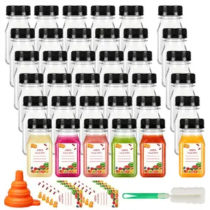 36pcs 4oz Small Plastic Juice Bottles with Caps, Empty Reusable Clear Bulk Beverage Containers for Juice, Milk and Other Beverages,Suitable for Christmas Parties,  with 36 stickers, 1 funnel and 1 cleaning brush