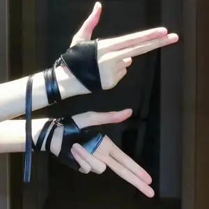 Gothic Punk Style Half-Finger Black Strap Leather Gloves Sexy Women Fingerless Stage Perfermence Cosplay Hip-Hop Accessories