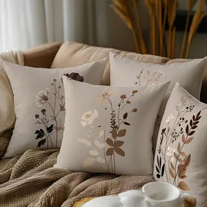 4pcs Modern Plant Throw Pillow Covers - Square Plant Cushion Decor, Suitable for Living Room and Sofa, Fashion Home Decoration - Zippered, Machine Washable Single-Sided Print, No Insert, Adds Color to Life, Multiple Sizes Available