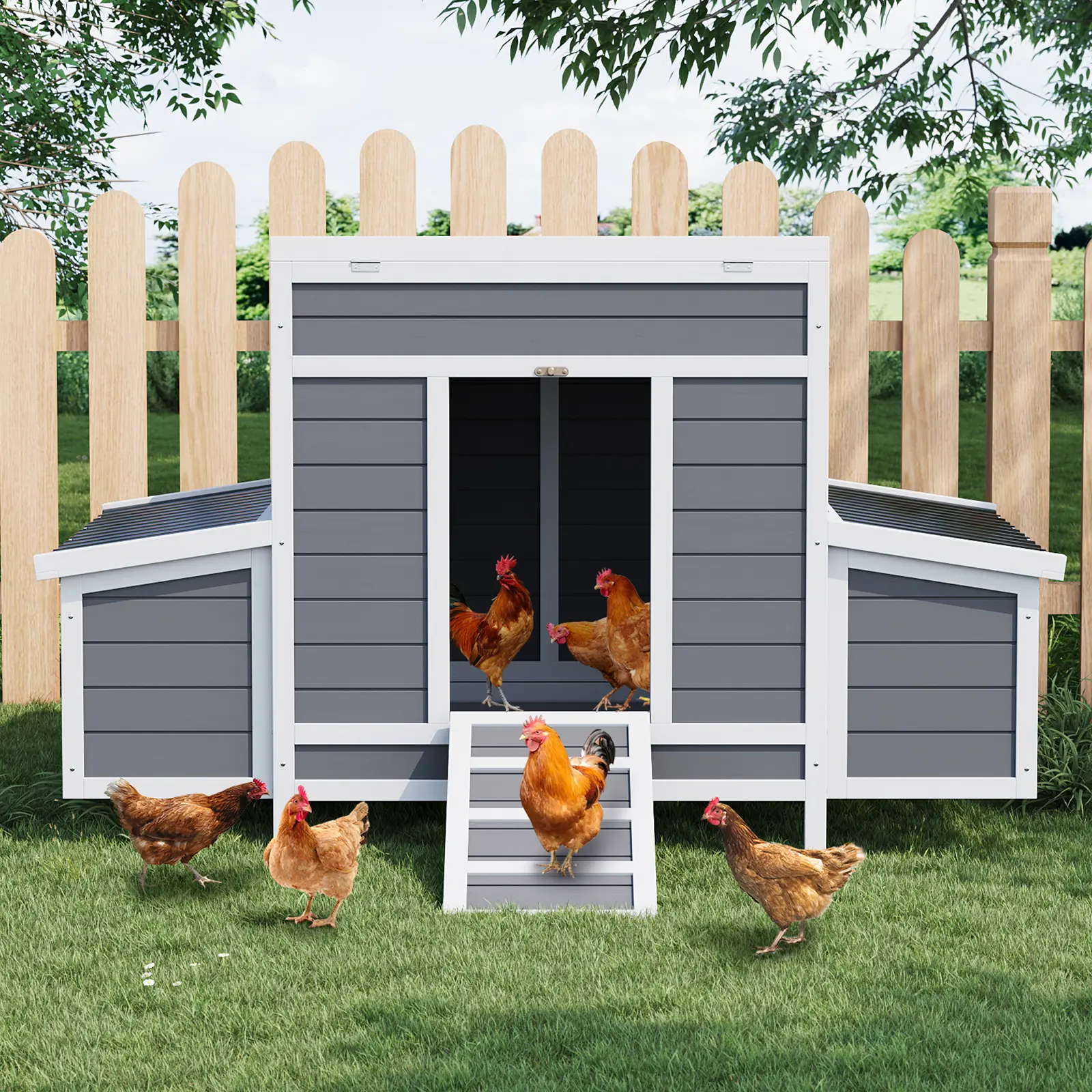 55" Wooden Chicken Coop for 4-6 Chickens - Backyards Outdoor Poultry Cage with 2 Large Side Nesting Boxes, Ramps, Pull-Out Tray, Ventilation, Water-Resistant Design (54.41" x 34.49" x 34.05")