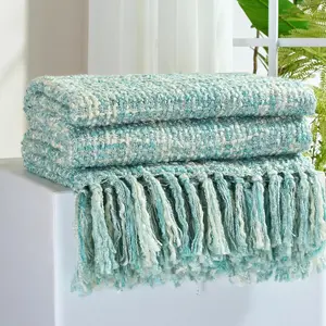 Multi-Color Turquoise  Woven Throw Blanket for Couch,50"X60" Boho Style Textured Blankets for  Decor,Super Soft Warm Cozy Chunky Blanket with Decorative Tassels for Bed