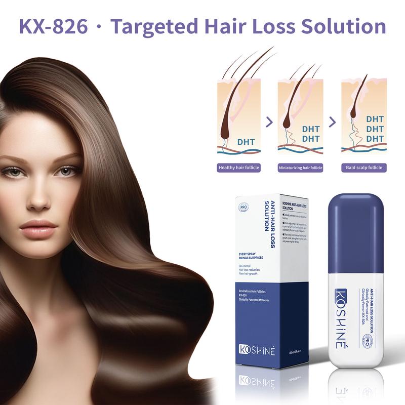 KX-826 DHT Blocker Hair Growth Spray – Patented, clinically proven, blocks DHT at the scalp without affecting hormones. For men & women. 0.9% & 0.5% formulas, 30ml & 60ml. Controls oil in 3 days, reduces hair loss in 1-2 weeks, growth in 4-6 weeks.