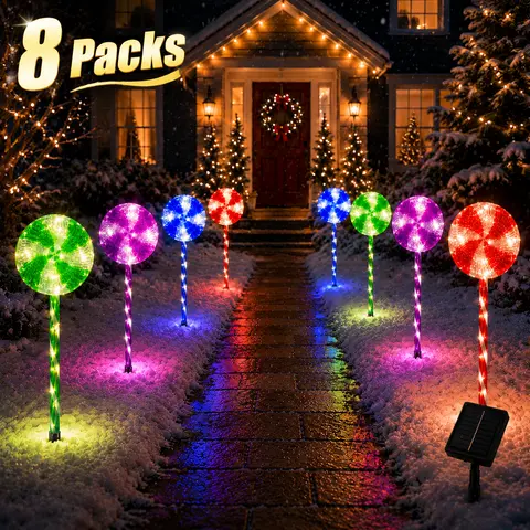 8-Pack Solar-Powered Christmas Lollipop Shape Ground Lights, Multicolored Mint-Shaped LED Decorative Lights, 8 Flashing Modes, Plastic Body, IPX6 Waterproof, Christmas Wishlist Decor for Garden, Yard