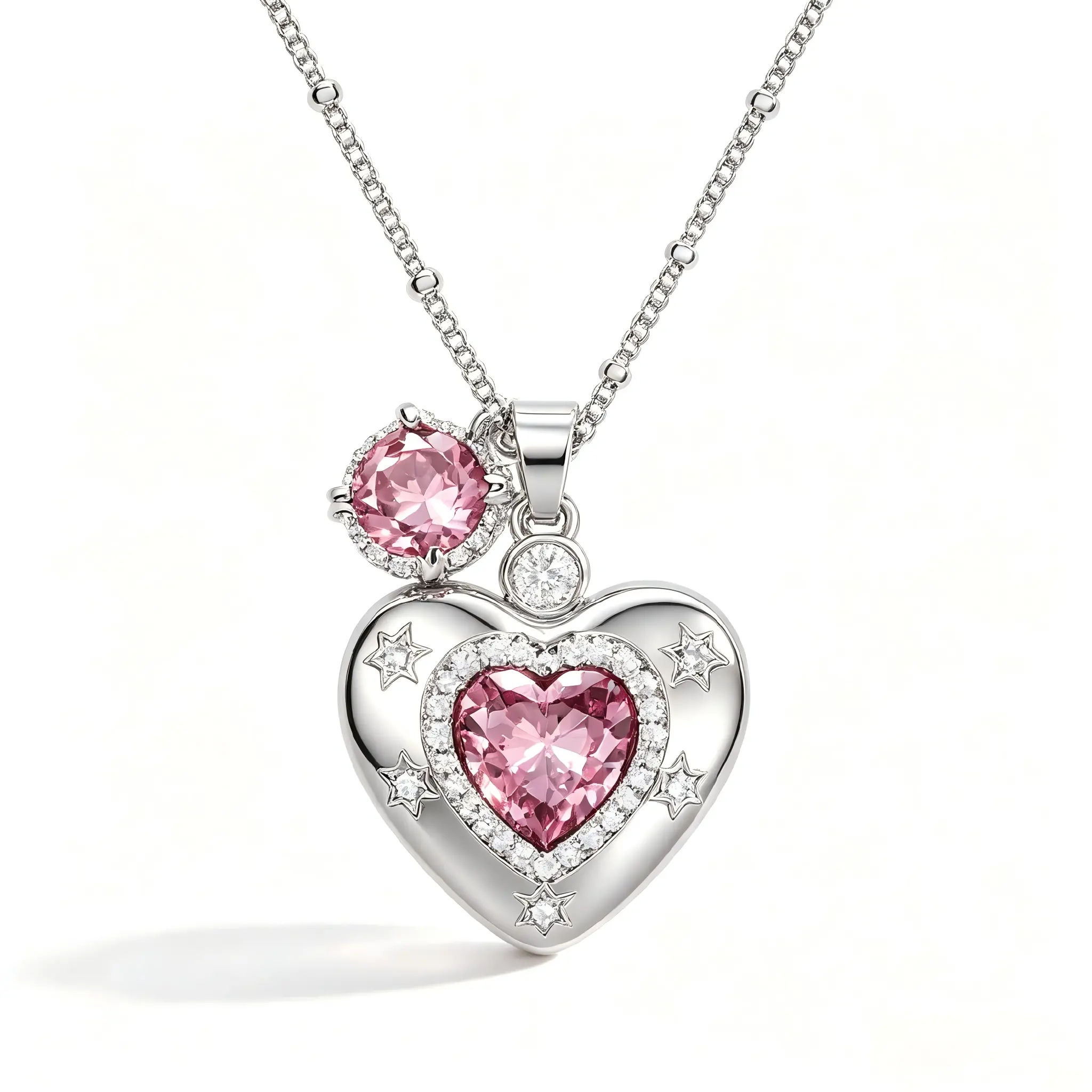 TEWIKY Dainty Satellite Chain Necklace for Women, Pink Cubic Zirconia Heart & Round Double Pendants, Minimalist Layered Elegant Jewelry, Ideal Valentine Birthday Gift for Girlfriend