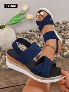 A pair of new large-size women's cross-strap, elastic-back slip-on wedge sandals for outdoor wear, stylish, simple, comfortable, suitable for daily commuting, with a thick sole Espadrilles platform sandals