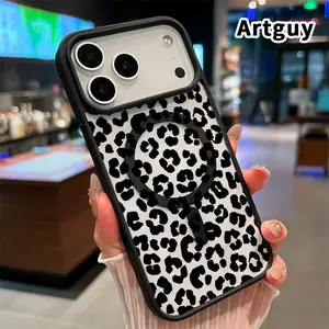 Compatible with iPhone 17 16  Pro Max Plus 15 14 13 12 11 Air E Magnetic Case Leopard Print Elegance Pattern Acrylic Transparent Four Corner Shock-absorbing Airbag Smartphone Cover for Girl