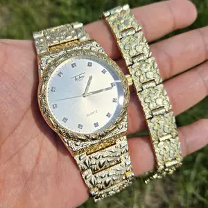 Men's Wristwatch Iced Luxury Hip Hop Golden Nugget Bling Wrist Metal Shiny Fashion Watch & Bracelet Gift, Quartz Movement, Analog