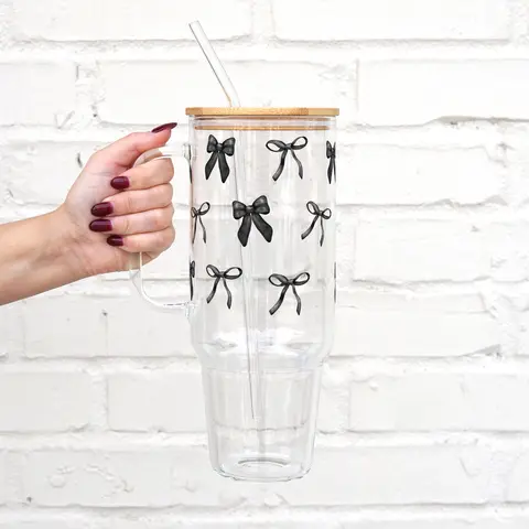 Vintage Black Bow 40oz Glass Tumbler with Handle, Bamboo Lid & Straw