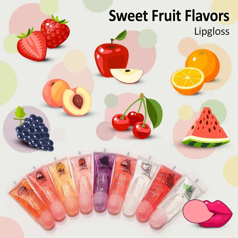 Honey Lip Gloss Moisturizing Sweet Fruit Flavors Enriched with Vitamin E Hydrating Transparent High-Shine Universal