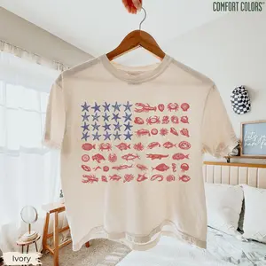 Boxy Cropped Comfort Colors Seashell Usa Flag Shirt 250th Anniversary 4th Of July Teecoastal Patriotic Shirtbeachy Nautical American Flag