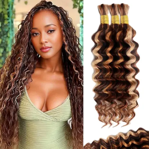 Female Premium Human Hair Braiding Hair - 8-18 in Boho Curls, 14 inch Strands, 110g Natural Color Bundles, Knotless/Box Braids Ready, for Party & Wedding Use