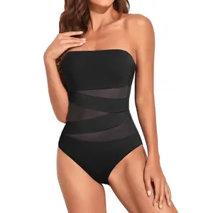 Holipick Women Strapless Bandeau One Piece Swimsuits Sexy Mesh Cutout Bathing Suits Tummy Control Swimwear
