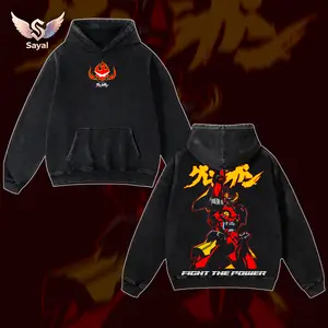 Gurren Lagann Washed Oversized Hoodie – Vintage Anime Mecha Streetwear Hoodie with Kamina, Simon & Mecha Drill Core Design, Unisex Retro Shirt Cotton Fabric Gamis Tshirt Man Classic Apparel Top Menswear