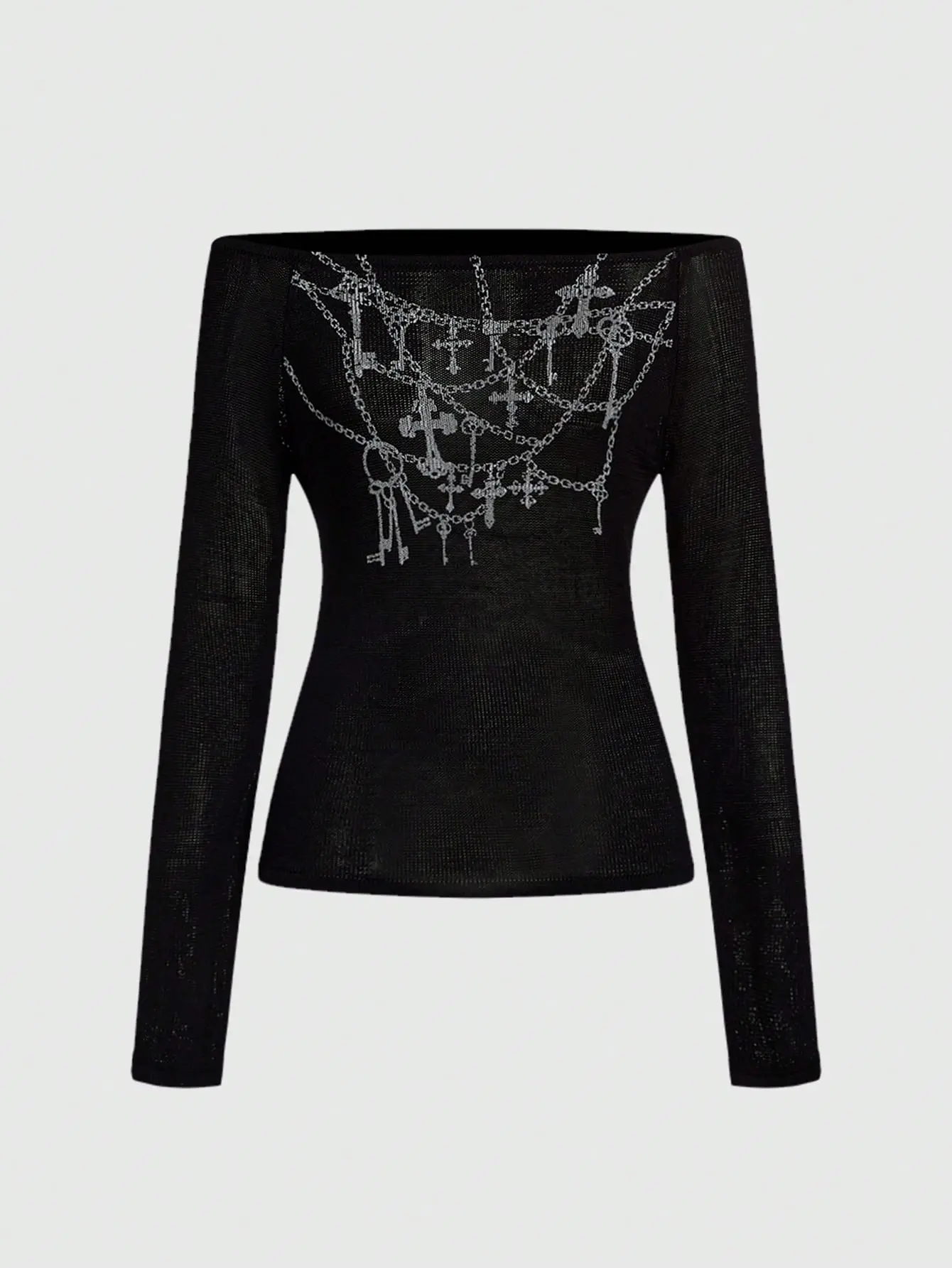 LALUZ Off-Shoulder Chain Cross Print Knit Sweater For Women Grunge Punk Aesthetic Long Sleeve Pullover Top